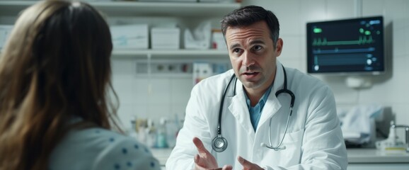 Obraz premium A doctor, dressed in a white coat, communicates effectively with a patient in a well-lit hospital room. The interaction highlights professionalism and care in a healing environment