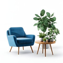 Stylish Blue Armchair and Wooden Table with Lush Greenery Plants in Contemporary Living Room Interior Design