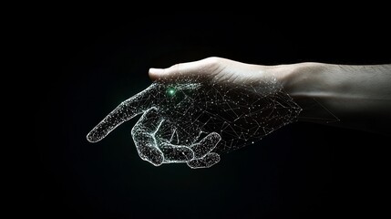 Abstract hand pointing, glowing network lines.