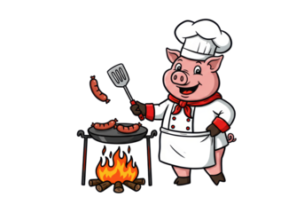 Isolated Cartoon Pig Chef Grilling Sausages