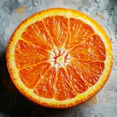 In a cross-section image, a ripe orange showcases its juicy pulp on a plain white background