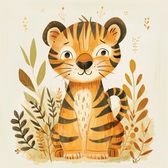 Minimalist Full Length Illustration of a Cute Tiger in Dark Beige and Amber Colors with Folkloric Theme