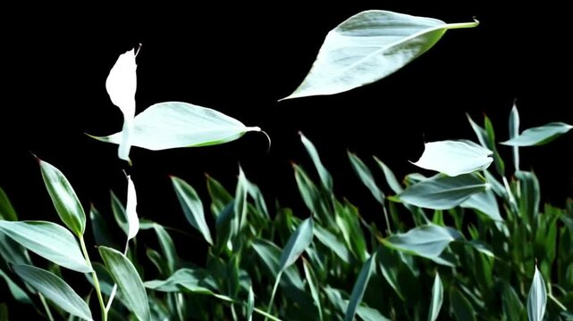 Green Leaves in slow Motion Against a Black Background