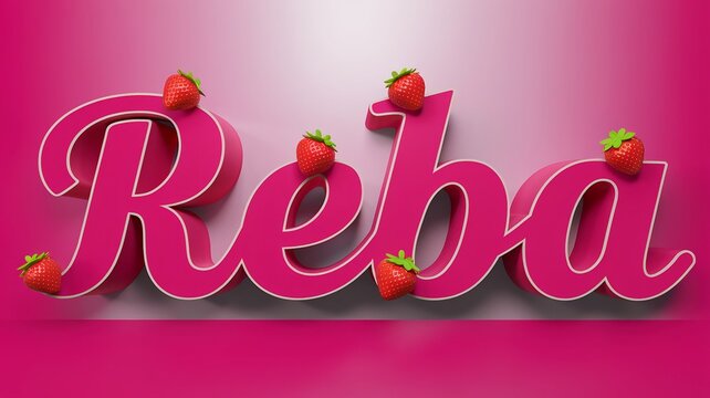 Colorful render of name Reba adorned with strawberries on pink background