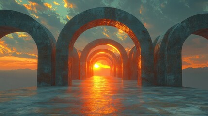 Fototapeta premium Sunset over a timeless plateau archways to forgotten eras
