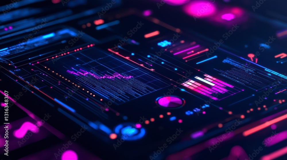Poster digital data analysis: a vibrant close-up showcases a high-tech interface with data visualizations, 
