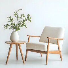 Stylish Mid Century Modern Armchair and Coffee Table with Houseplant Decor