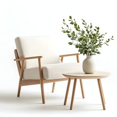 Stylish Mid Century Modern Armchair with Wooden Legs and Decorative Houseplant on Round Coffee Table
