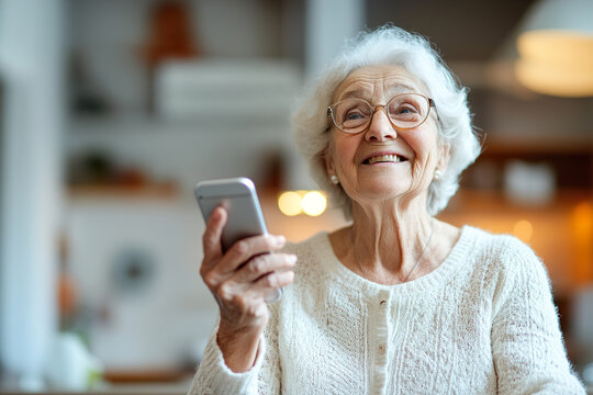 An elderly woman with glasses smiles brightly while holding a smartphone. She points to a digital app interface with enthusiasm in her sunlit home, showcasing technology for seniors