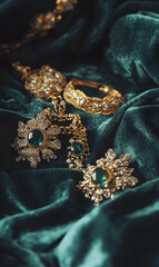 Exquisite gold jewelry with emerald and diamond embellishments displayed on crushed velvet
