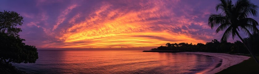 A vibrant, colorful sky at dusk casts a warm glow over the tranquil ocean waves, gently lapping against a sandy beach lined with swaying palm trees, creating a serene tropical paradise.