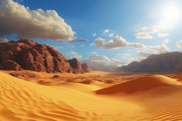 Naklejka premium Vast golden desert landscape with mountains under a bright blue sky and fluffy clouds