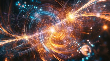 Obraz premium Abstract Digital Art Depicting a Complex Network of Light Rays, Swirling Energy, and Sparkles in Warm and Cool Tones, Evoking a Sense of Cosmic Power or Scientific Phenomenon.