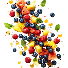 Fresh Blueberries Pineapple and Watermelon Scattering Isolated on Transparent Background