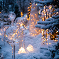 Winter wonderland scene with ice sculptures and snow covered trees, fairy lights glow