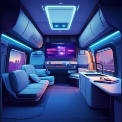 Fototapeta premium A futuristic designed vehicle interior with seats and television screen
