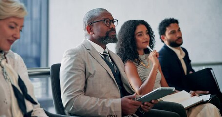 Business, man and listen on tablet in interview of hiring, b2b preparation and human resources. People, digital and application form of recruitment process, resume and job opportunity in waiting room