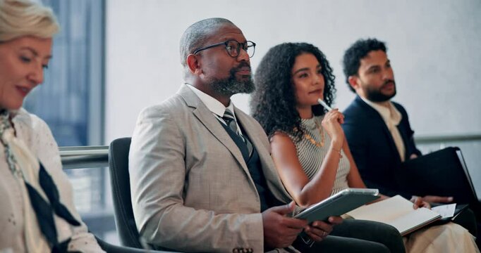 Business, man and listen on tablet in interview of hiring, b2b preparation and human resources. People, digital and application form of recruitment process, resume and job opportunity in waiting room