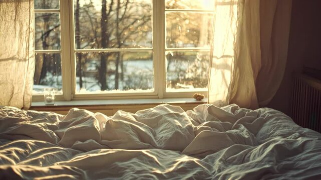 Soft morning light streams through a window illuminating rumpled bedding in a cozy bedroom setting