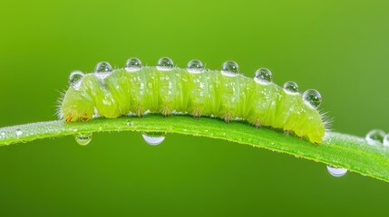Fototapeta premium A close-up of a green caterpillar on a leaf, adorned with water droplets, set against a blurred green background.