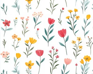 Fototapeta premium Pretty Seamless Spring Floral Pattern Design Pastel Yellow Red art pink cute soft bloom