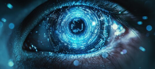 Futuristic cyber eye design with digital iris and glowing circuitry