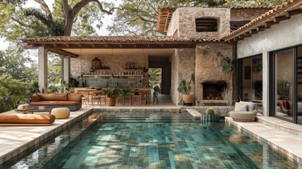 Minimalistic Villa with Tiled Pool, Outdoor Kitchen, and Terracotta Fireplace