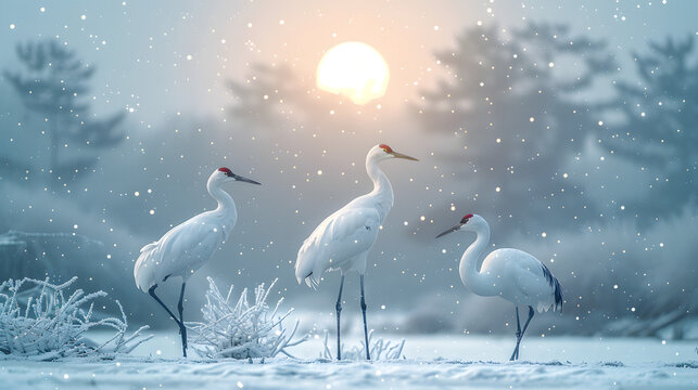 Three elegant cranes standing gracefully in a snowy landscape at sunset, creating a serene atmosphere