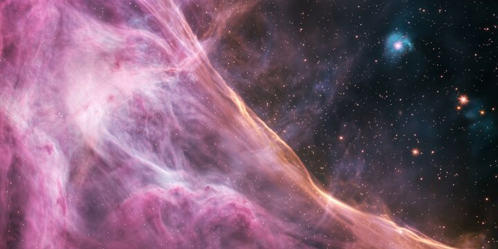 Cosmic nebula scene with pink purple clouds. Deep space background with glowing stars. Ethereal galaxy view with soft blue hues. Mystical universe expanse with delicate wispy formations