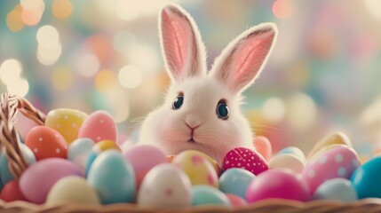 easter bunny, Cute rabbit peeking among colorful Easter eggs, playful spring theme, vibrant colors enhance festive atmosphere, copy-space available.