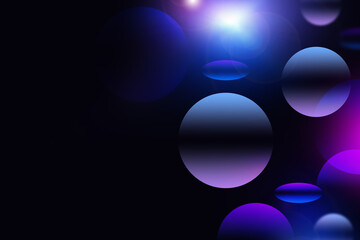 Abstract geometric circle soft light blue purple bokeh on black background for Modern graphic business technology digital design illustration web template backdrop desktop wallpaper bubbles banner