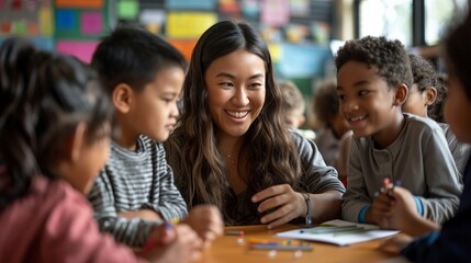 Obraz premium Dedicated female teacher engaging with enthusiastic elementary students, nurturing curiosity, inspiring a lifelong passion for learning.