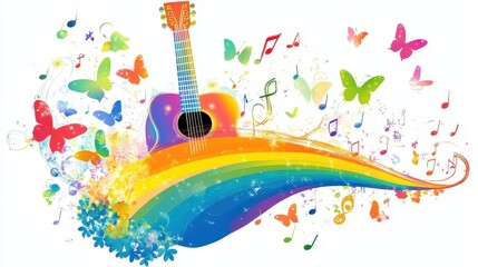 Fototapeta premium A colorful guitar is surrounded by butterflies and musical notes