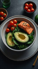 Nutritious raw salmon paired with avocado basil leaves and ripe tomatoes for a healthy traditional meal full of flavor food photography wallpaper stock photo for menu
