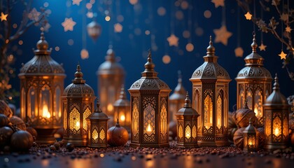 Obraz premium A Mystical Gathering Of Glowing Lanterns Under A Starlit Night, Celebrating Ramadan With Warm Golden Light And A Deep Blue Backdrop