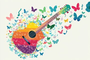A colorful acoustic guitar surrounded by butterflies and musical notes