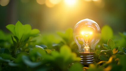 Close up of light bulb glowing brightly on lush green foliage with copy space for text, nature background, symbolizing innovation and sustainability with nature and light coming together in harmony