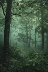 Obraz premium Enchanted Tranquility: The Serene Beauty of a Mystical Forest Bathed in Ghostly Light