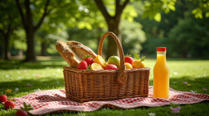 Traditional Wicker Picnic Basket with Fresh Fruits Bread and Juice on Checkered Cloth in Green Park - Bank Holidays