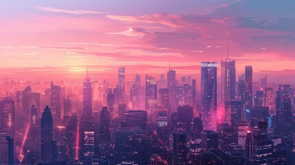 Fototapeta premium Modern Futuristic Cityscape At Twilight With Towering Skyscrapers Against A Gradient Sky