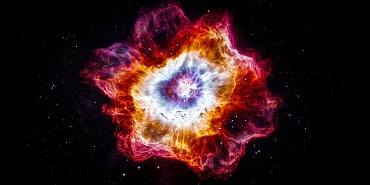 Cosmic nebula displays vibrant colors in deep space. Stellar explosion reveals glowing gas clouds and radiant star formation. Intricate celestial patterns with fiery outer rings and a bright center - Powered by Adobe