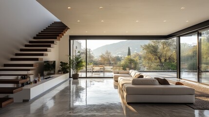 Modern Living Room with Floating Staircase and Large Glass Doors Opening onto a Terrace