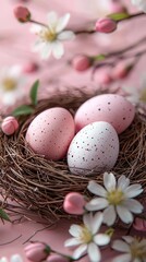 Delicate spring nest with pastel eggs and blossoms on pink