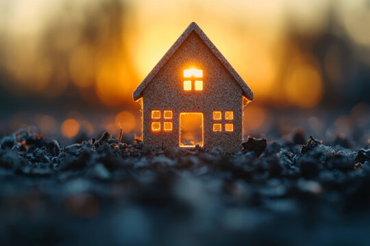miniature house silhouette against sunset background, symbolizing warmth and home