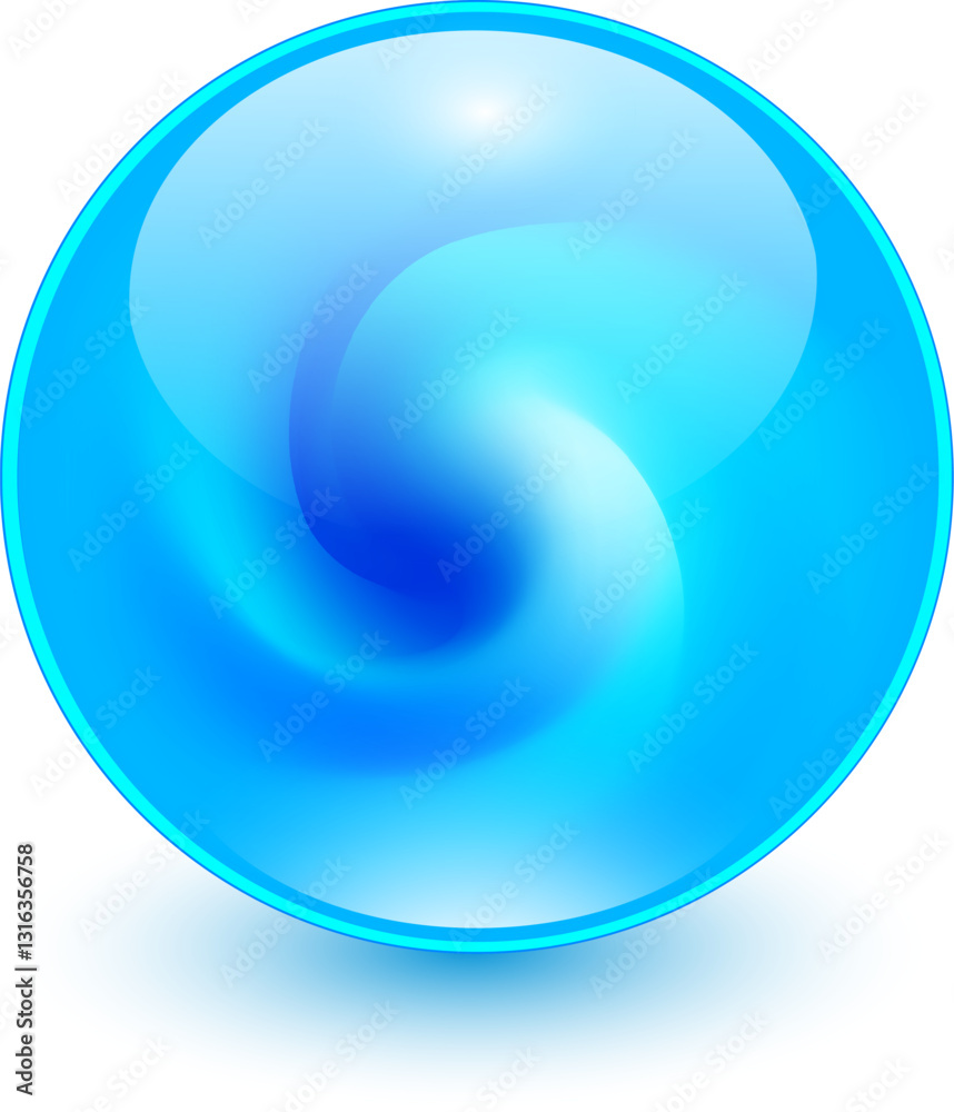 Poster glass ball with abstract spiral shape inside, blue shiny sphere with interesting marble pattern.