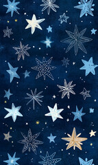 Hand Drawn Starry Night Sky with Watercolor Texture and Diverse Star Designs for Backgrounds