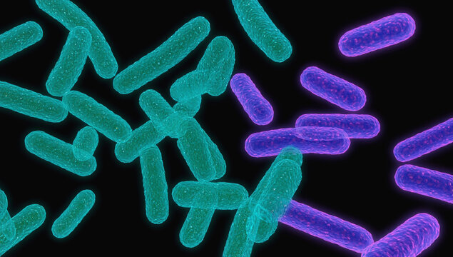 Microscopic World: A vibrant close-up visualization of bacteria, showcasing teal and purple bacilli against a stark black background.
