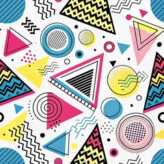 Abstract geometric seamless pattern bright colorful triangles circles design 80s 90s pop art dots