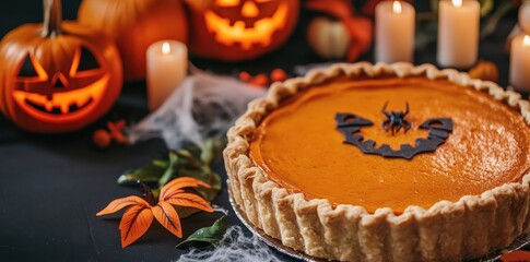 A festive Halloween scene featuring a pumpkin pie decorated with a bat design, surrounded by carved pumpkins and candles.