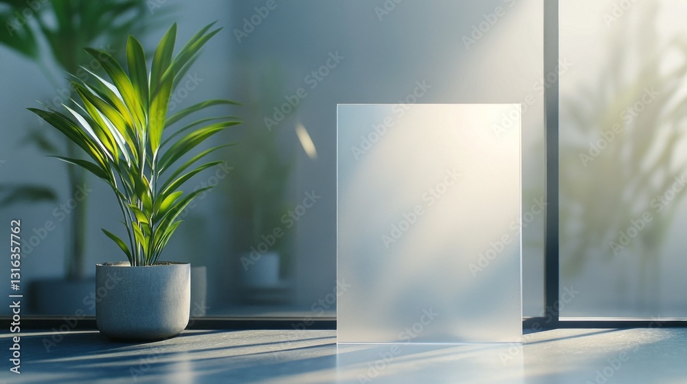 Poster sunlight streams through large windows, creating a tranquil atmosphere. a potted green plant beside 
